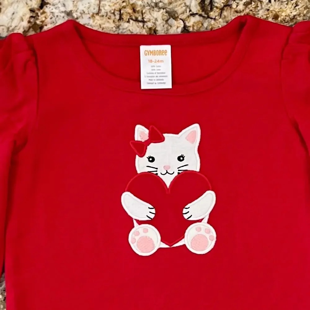 NWT Gymboree Girls Red W/Embroidered Valentine Heart Cat Top